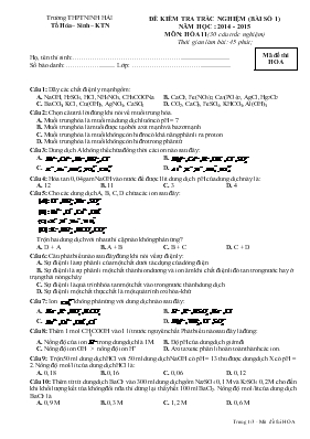 Đề 4 kiểm tra trắc nghiệm (bài số 1) năm học  2014 - 2015 môn Hóa 11 (30 câu trắc nghiệm) thời gian làm bài 45 phút